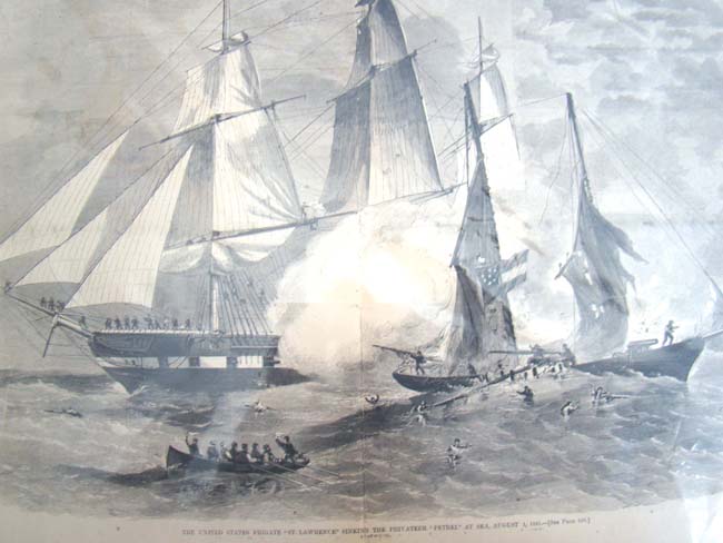 A Civil War print from HARPERS WEEKLY dated Aug. 1, 1861 depicting the U.S. Frigate 'St. Lawrence' sinking the privateer 'Petrel' at sea.